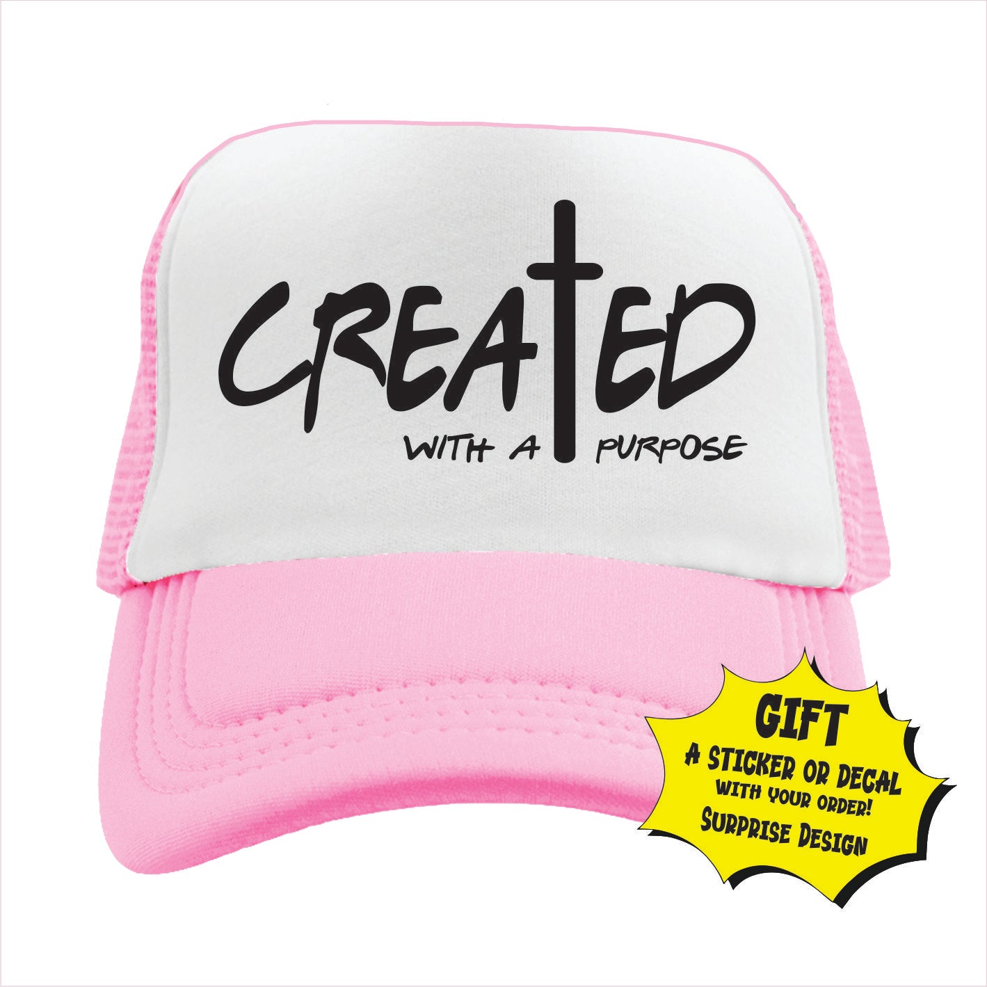 Light pink and white trucker hat cap with text 'CREATED WITH A PURPOSE' and a cross symbol on the front panel