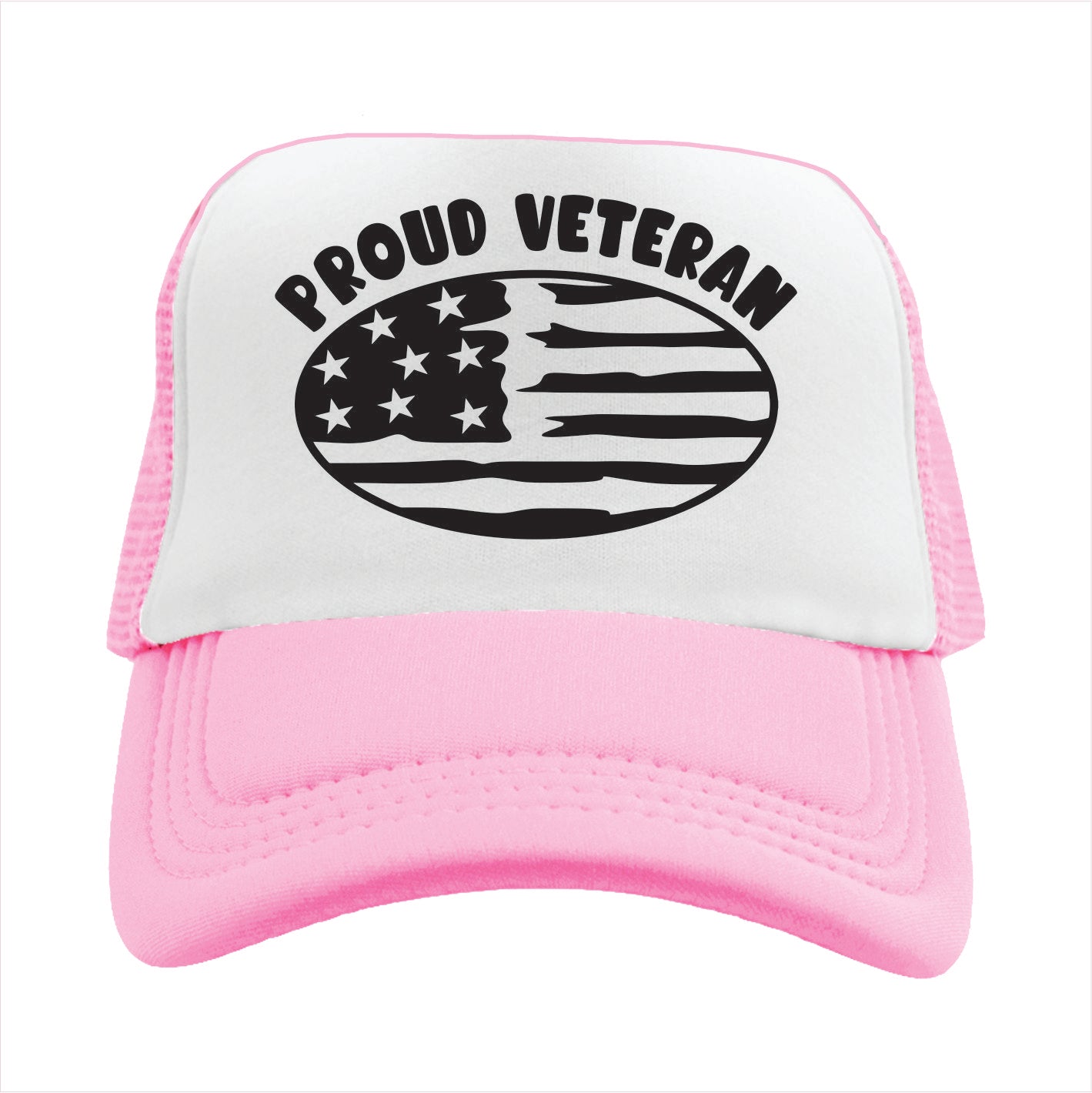 Light Pink and white trucker hat cap with 'Proud Veteran' and American flag design on a white background