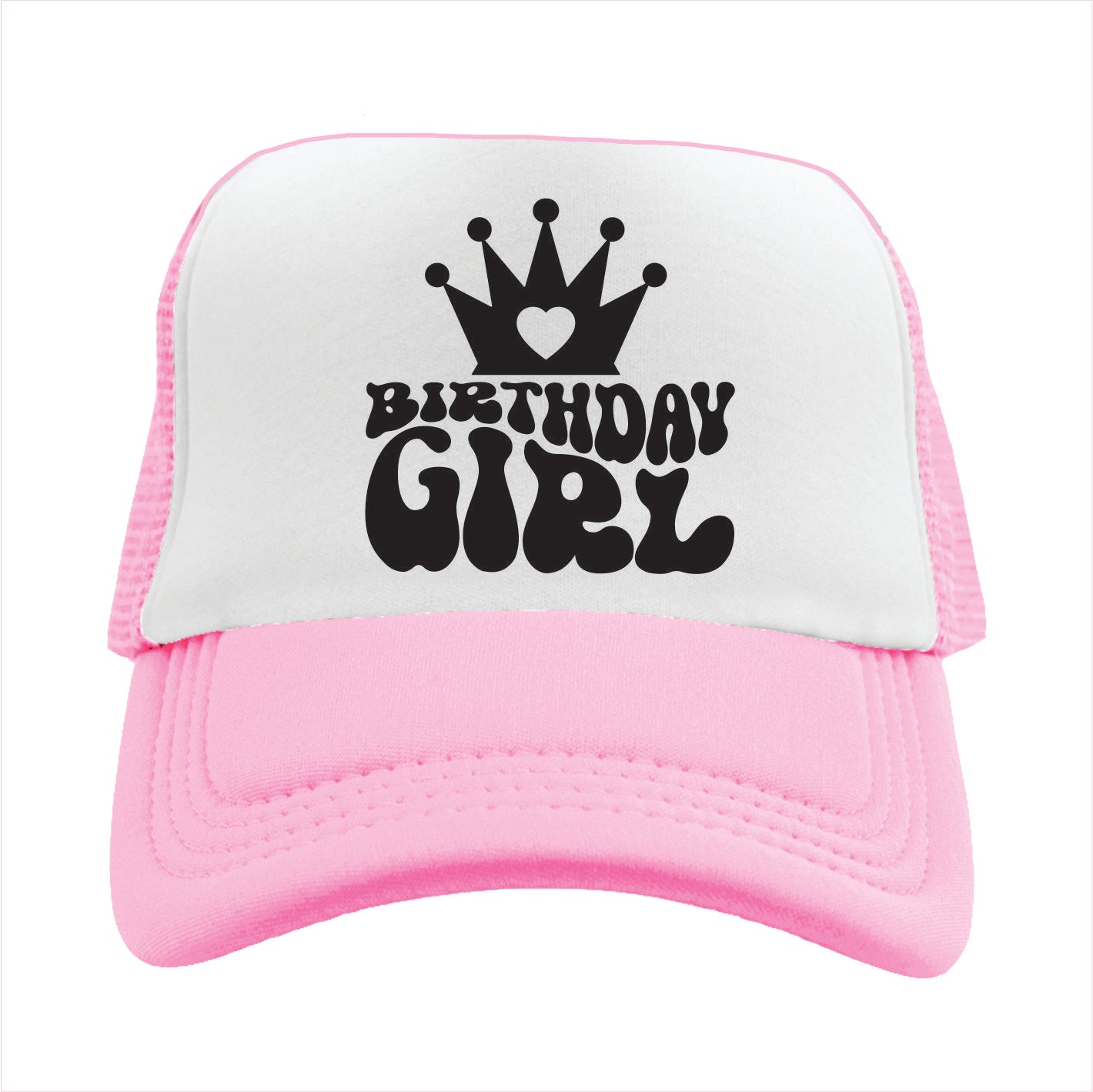 Light Pink and white trucker hat cap with 'BIRTHDAY GIRL' printed in bold letters on the front.