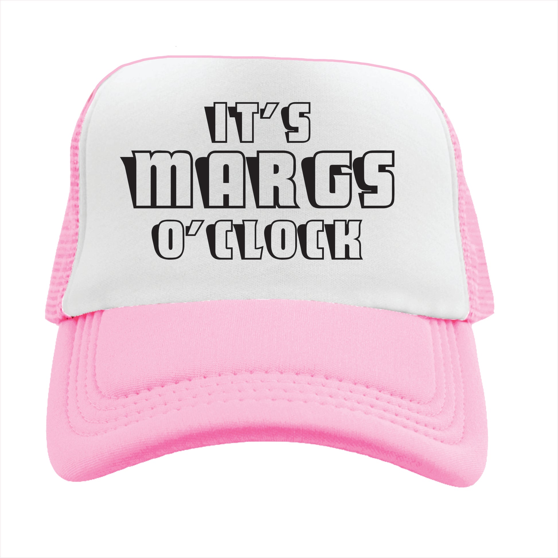 Light pink trucker hat cap with the text 'IT'S MARGS O' CLOCK' in black capital letters on the front.