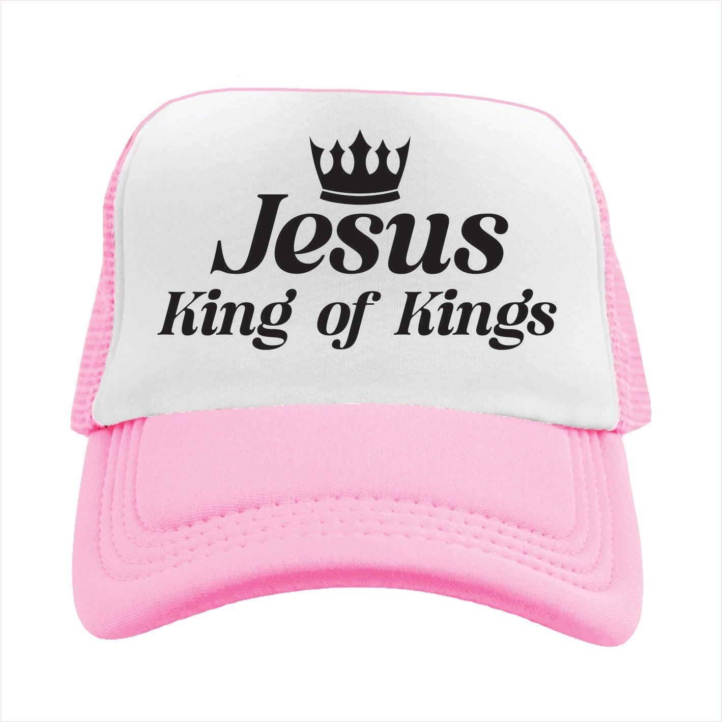 Light pink and white trucker hat cap with 'Jesus King of Kings' text on a white background