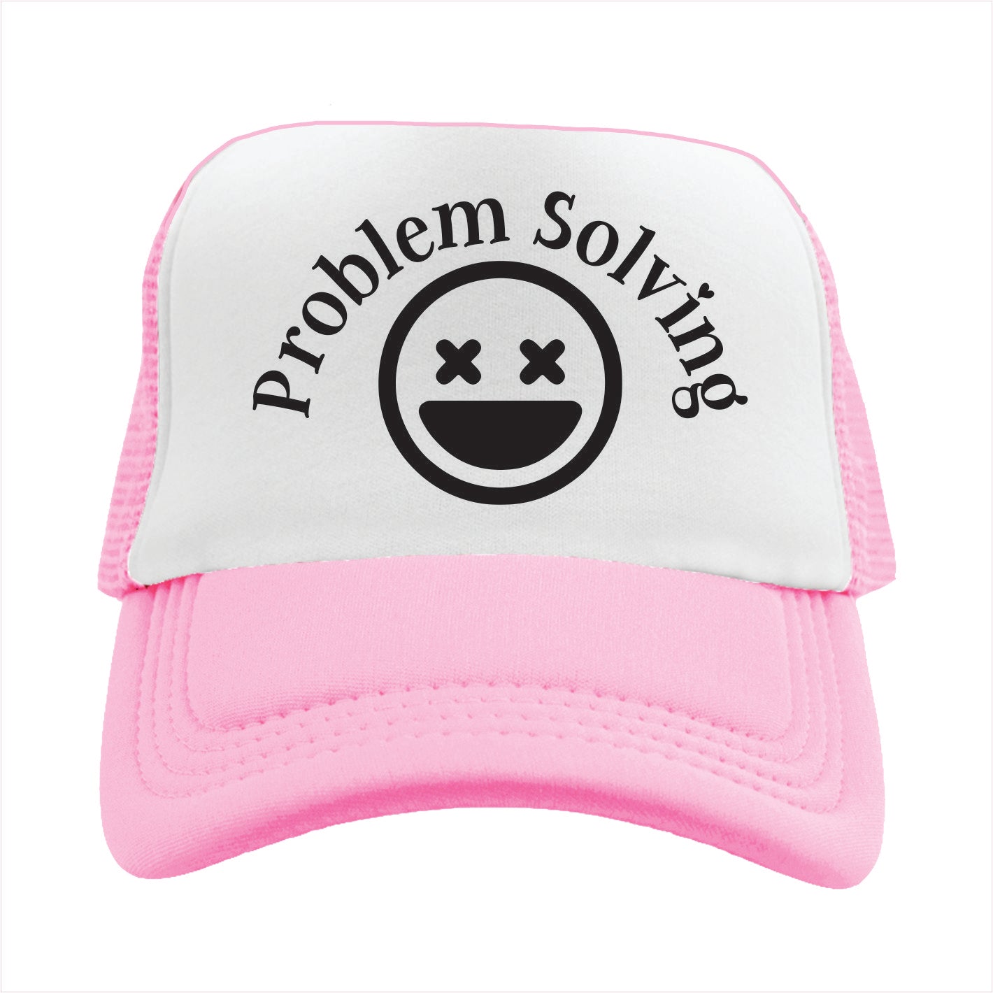 Light Pink and white trucker hat cap with 'Problem Solving' text and smiley face design on a white background