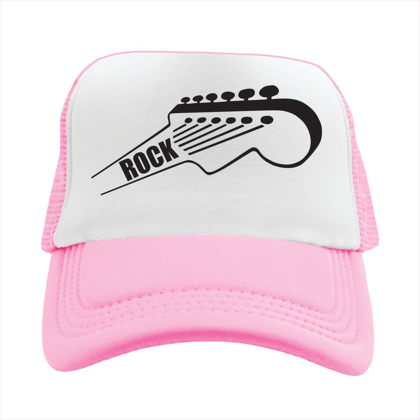 Light pink and white trucker hat cap with guitar design and 'Rock' text on a white background