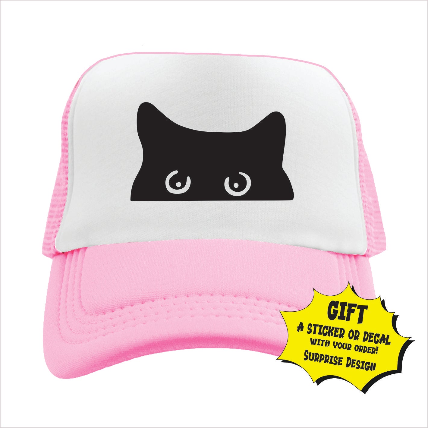 Light pink and white trucker hat cap with a design of a cat's face on the front.