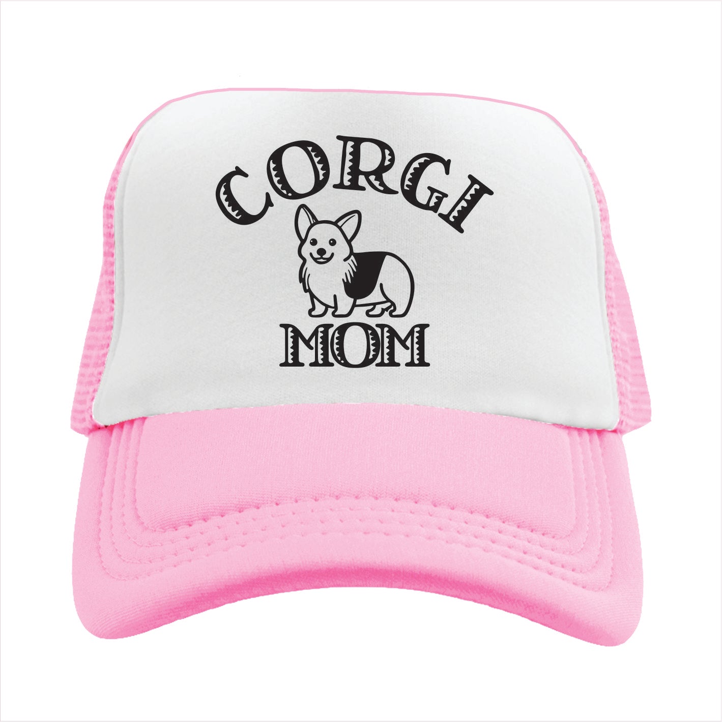 Light pink and white trucker hat cap with 'CORGI MOM' text and a silhouette of a corgi dog on the front.