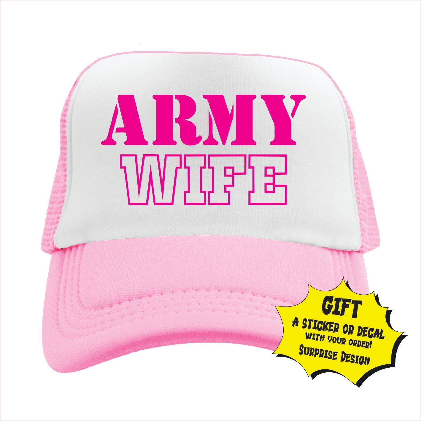 Light pink and white trucker hat cap with 'ARMY WIFE' written in bold letters on the front.