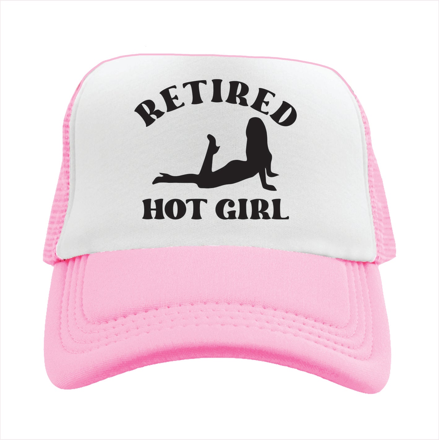 Light Pink and white trucker hat cap with 'Retired Hot Girl' text and silhouette on a white background