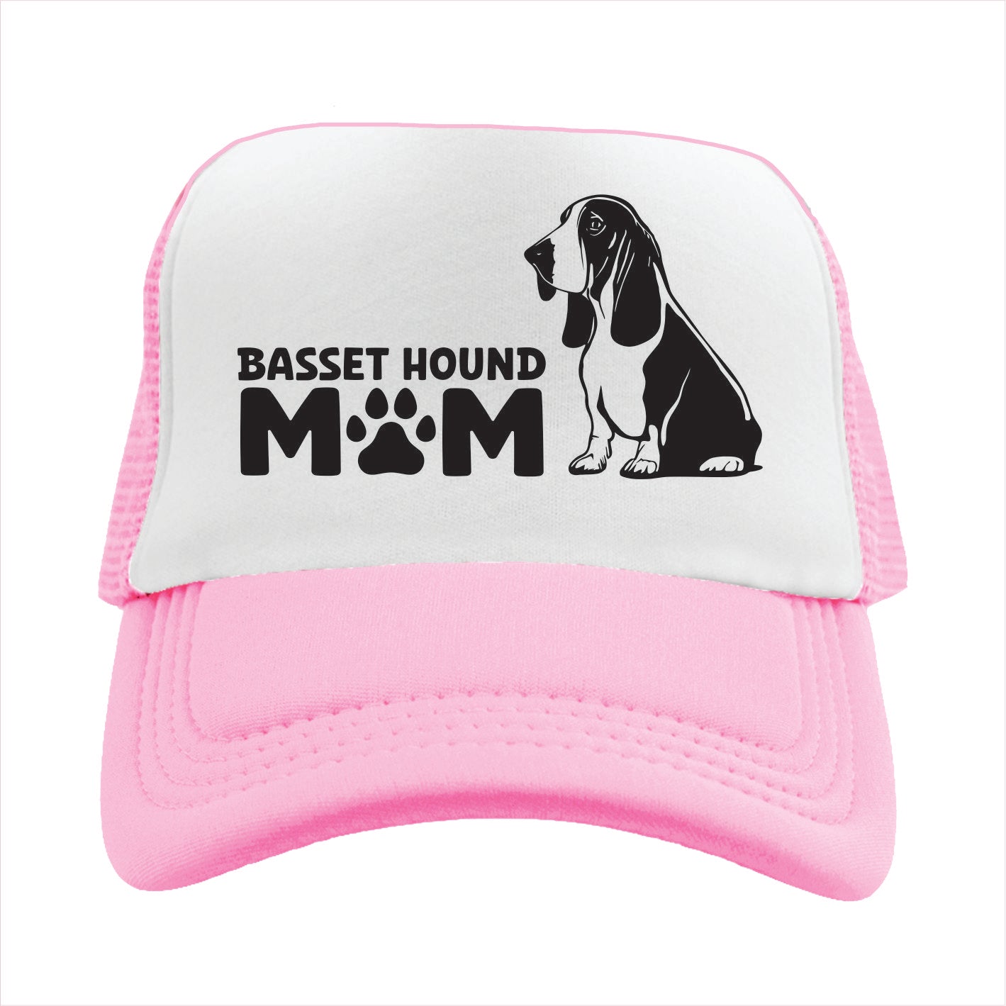 Light pink and white trucker hat Cap with 'Basset Hound Mom' text and dog silhouette on a white background