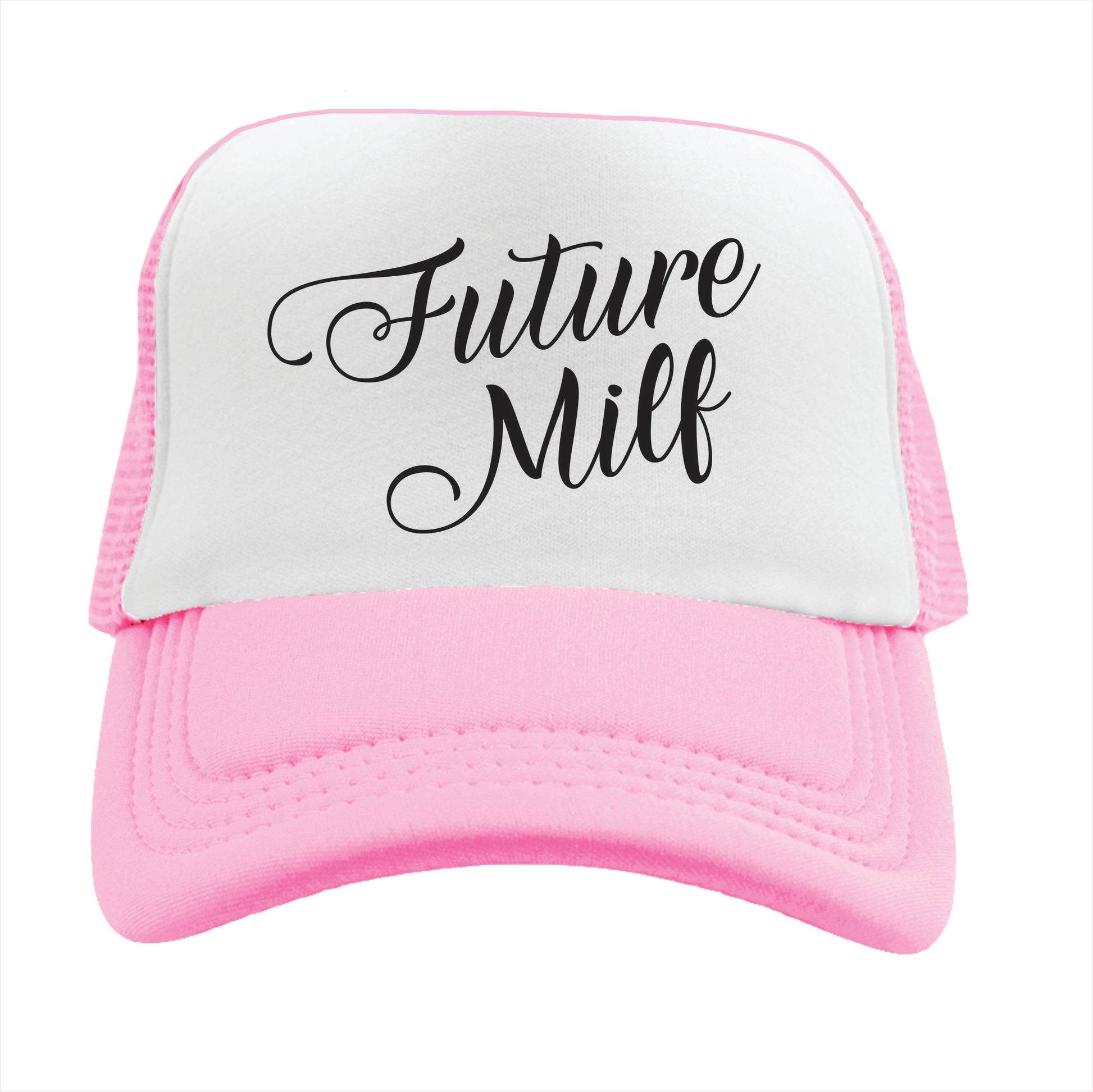 Light Pink and white trucker hat cap with the text 'Future milf' written on the front panel.