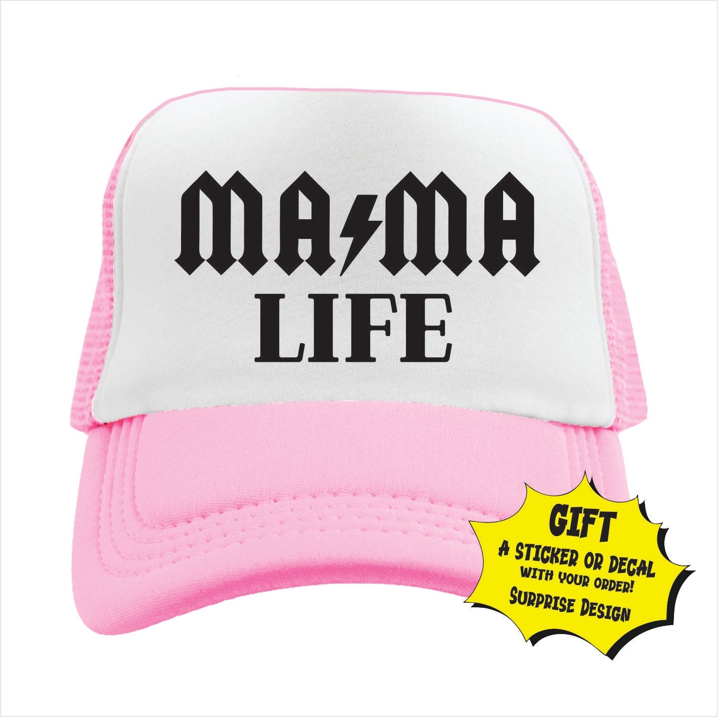 Light pink and white trucker hat cap with 'MAMA LIFE' text in black, featuring a lightning bolt symbol.