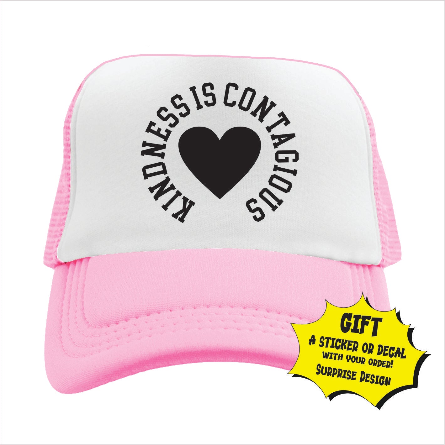 Light pink and white trucker hat cap with a heart symbol and the phrase 'Kindness is Contagious' printed on the front.