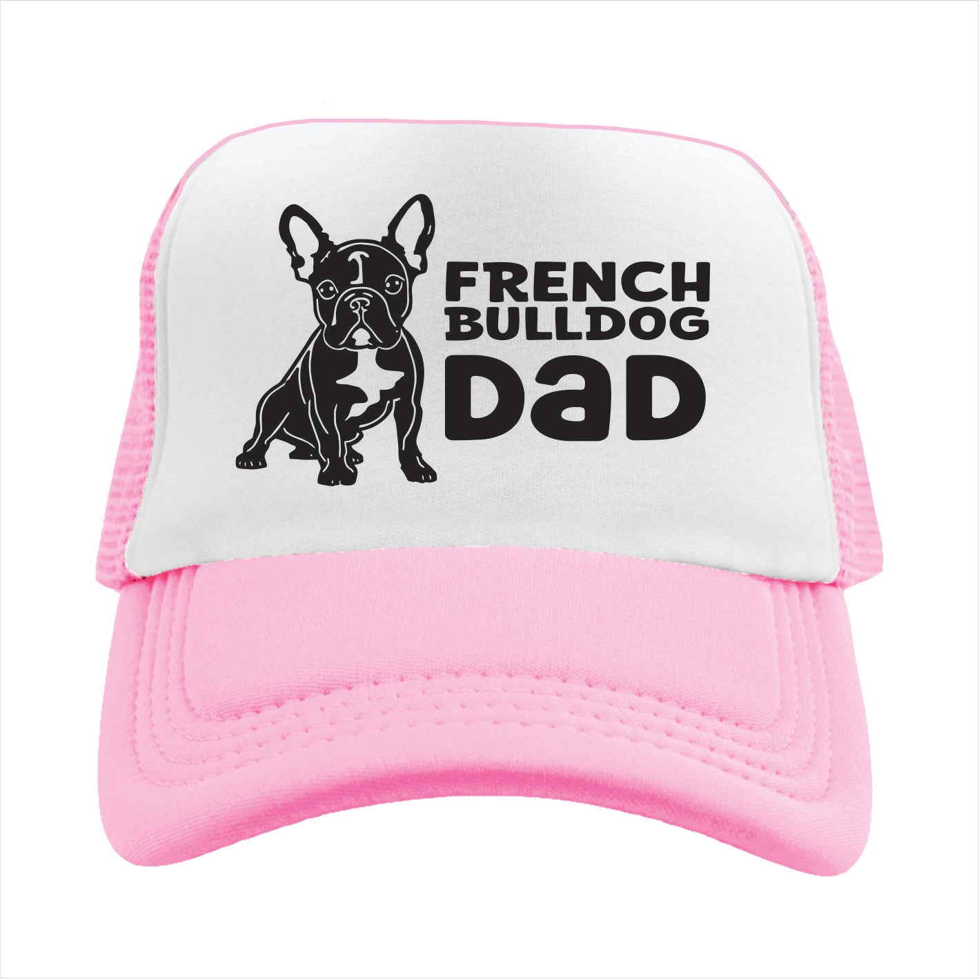 Pink and white trucker hat cap with a black French Bulldog illustration and 'French Bulldog Dad' text on a white background