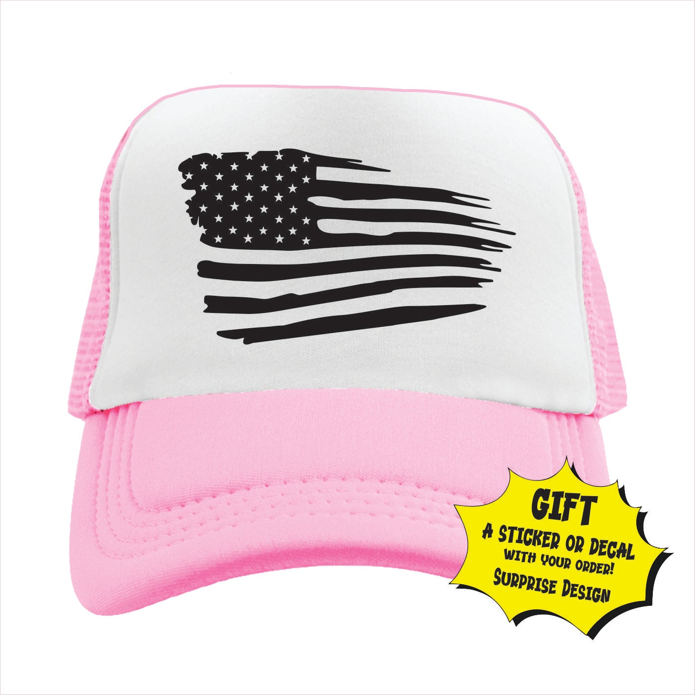 Light pink and white trucker hat cap with usa flag printed on the front.