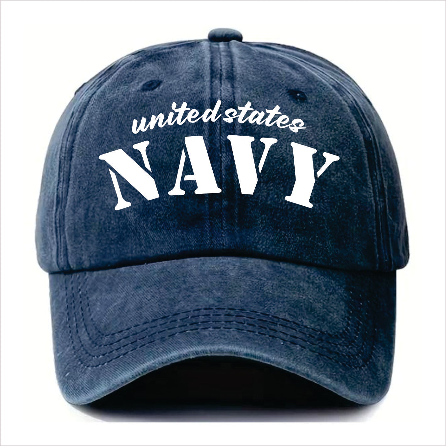 Blue cap with 'United States Navy' text on a white background