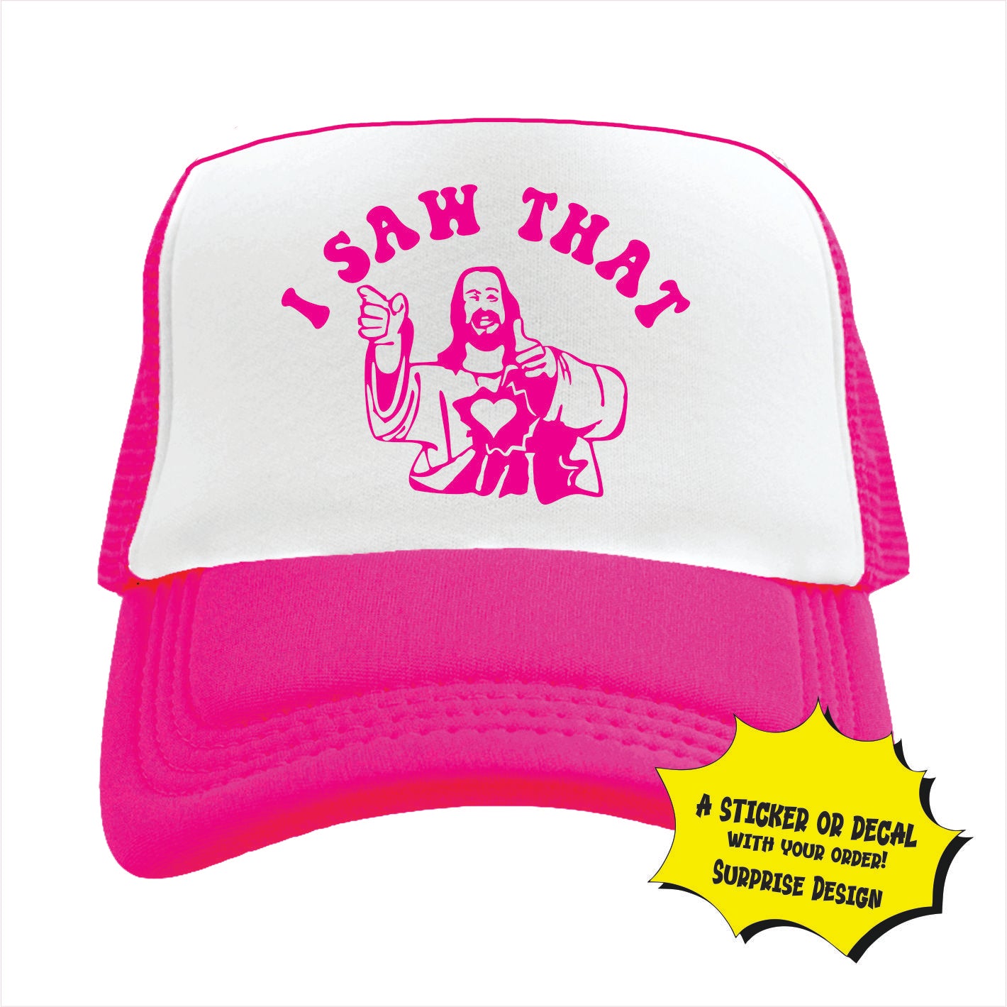 Pink and white trucker hat cap with a text and graphic design featuring a stylized Jesus Christ figure.