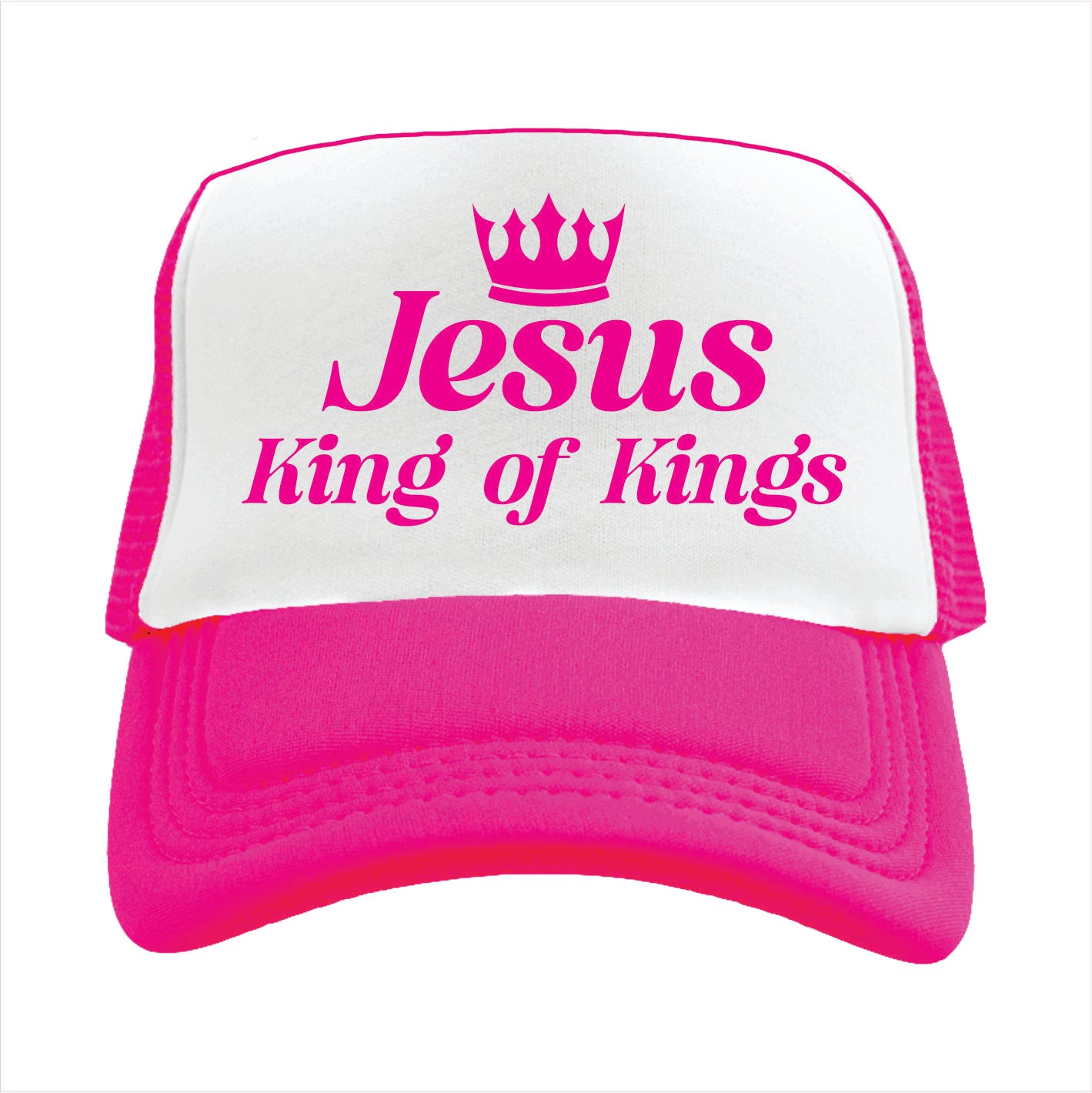 Pink and white trucker hat cap with 'Jesus King of Kings' text on a white background