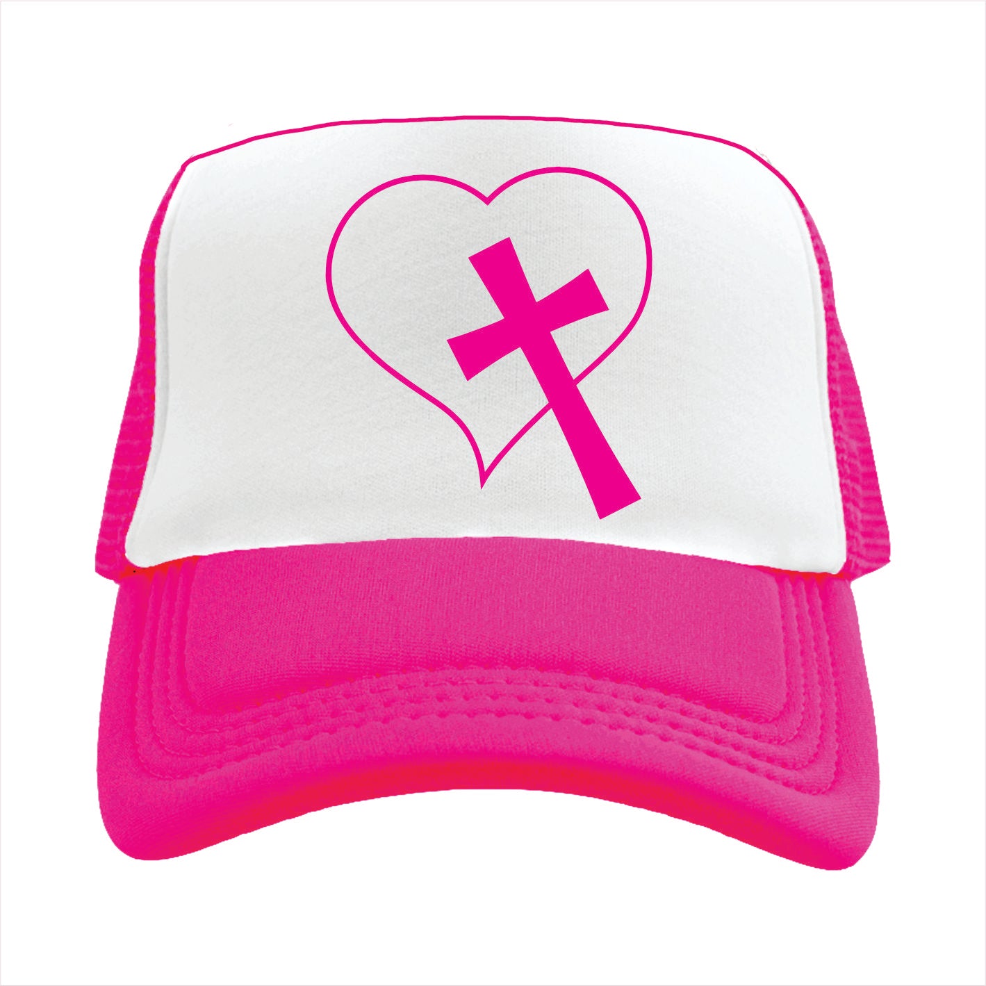 Pink and white trucker hat cap with a heart and cross design on a white background