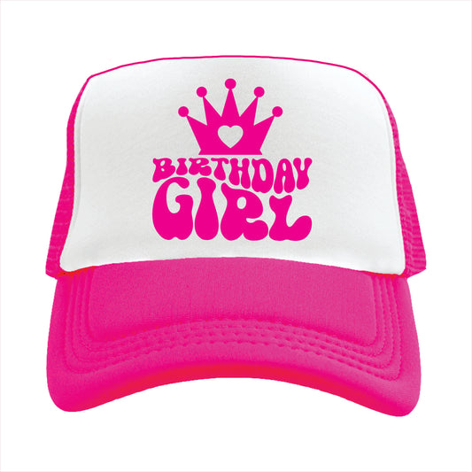 Pink and white trucker hat cap with 'BIRTHDAY GIRL' printed in bold letters on the front.