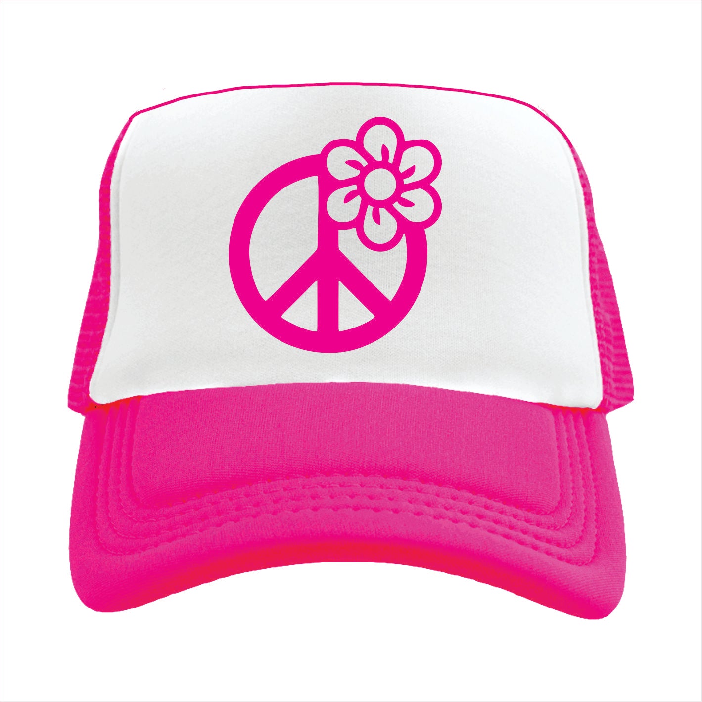 Pink and white trucker hat cap with peace symbol and flower design on a white background