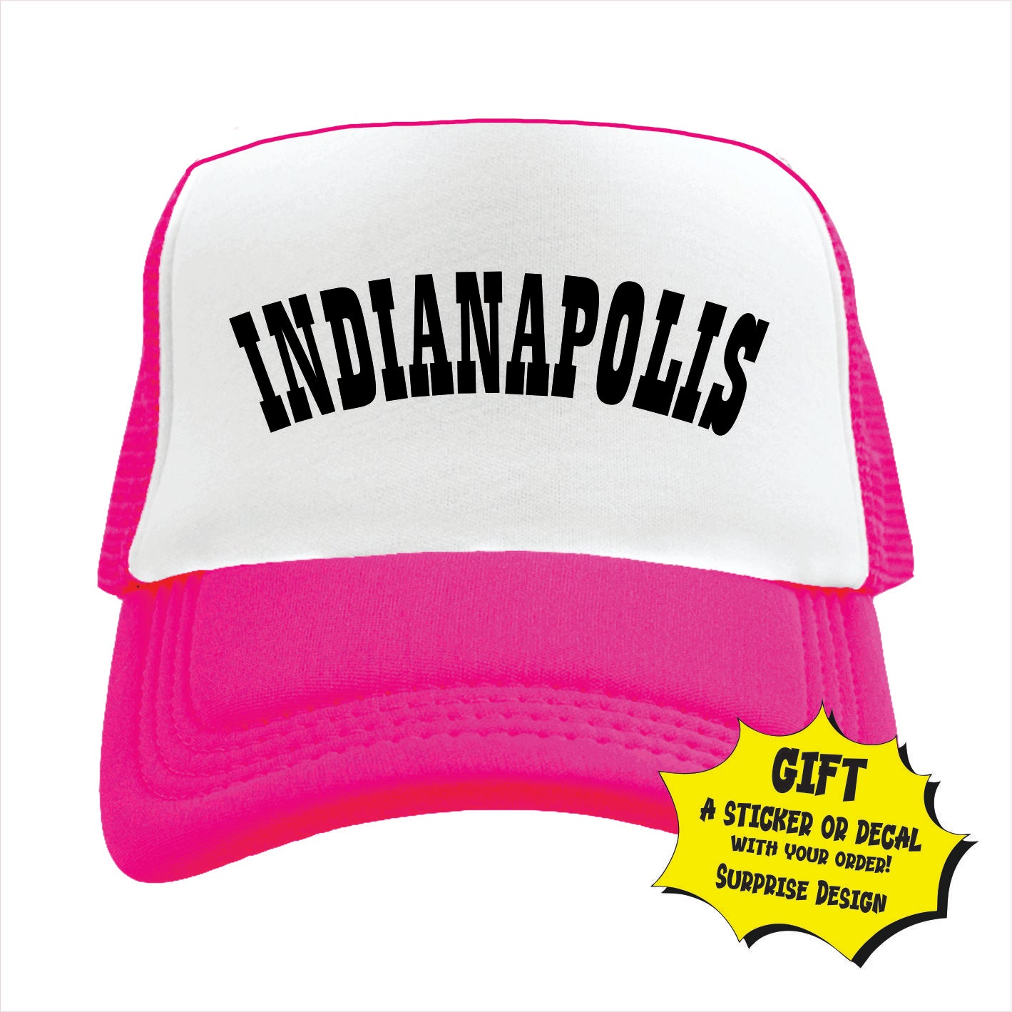 Pink and white Indianapolis trucker hat cap with an adjustable strap, featuring the word 'INDIANPOLIS' in bold black letters on the front.