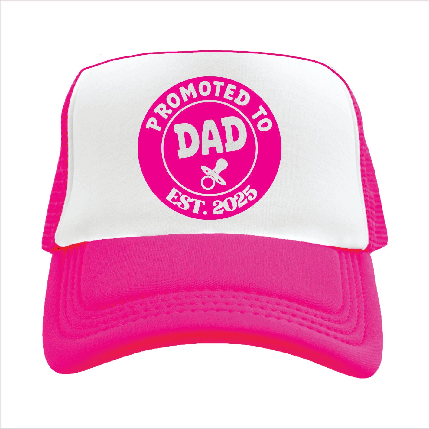 Pink and white trucker hat cap with 'Promoted to Dad Est. 2023' text on a white background