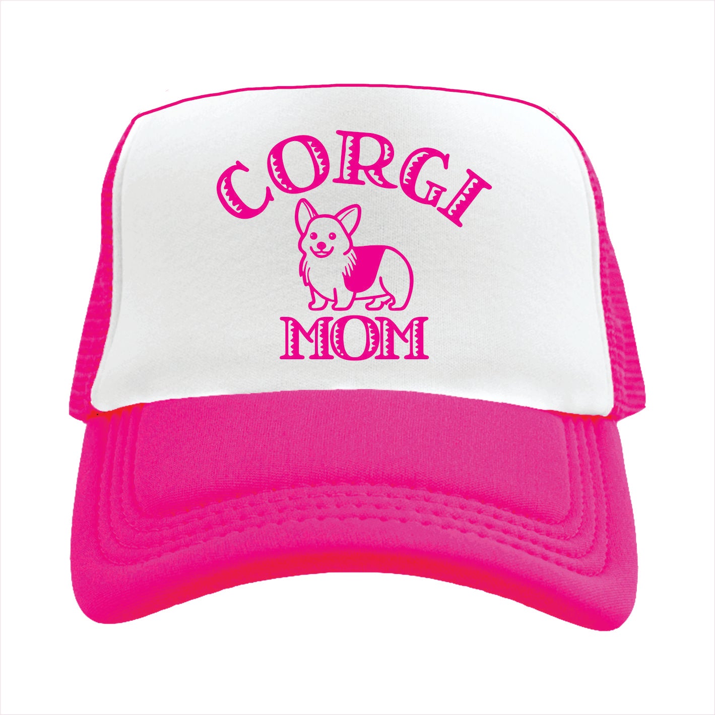 Pink and white trucker hat cap with 'CORGI MOM' text and a silhouette of a corgi dog on the front.
