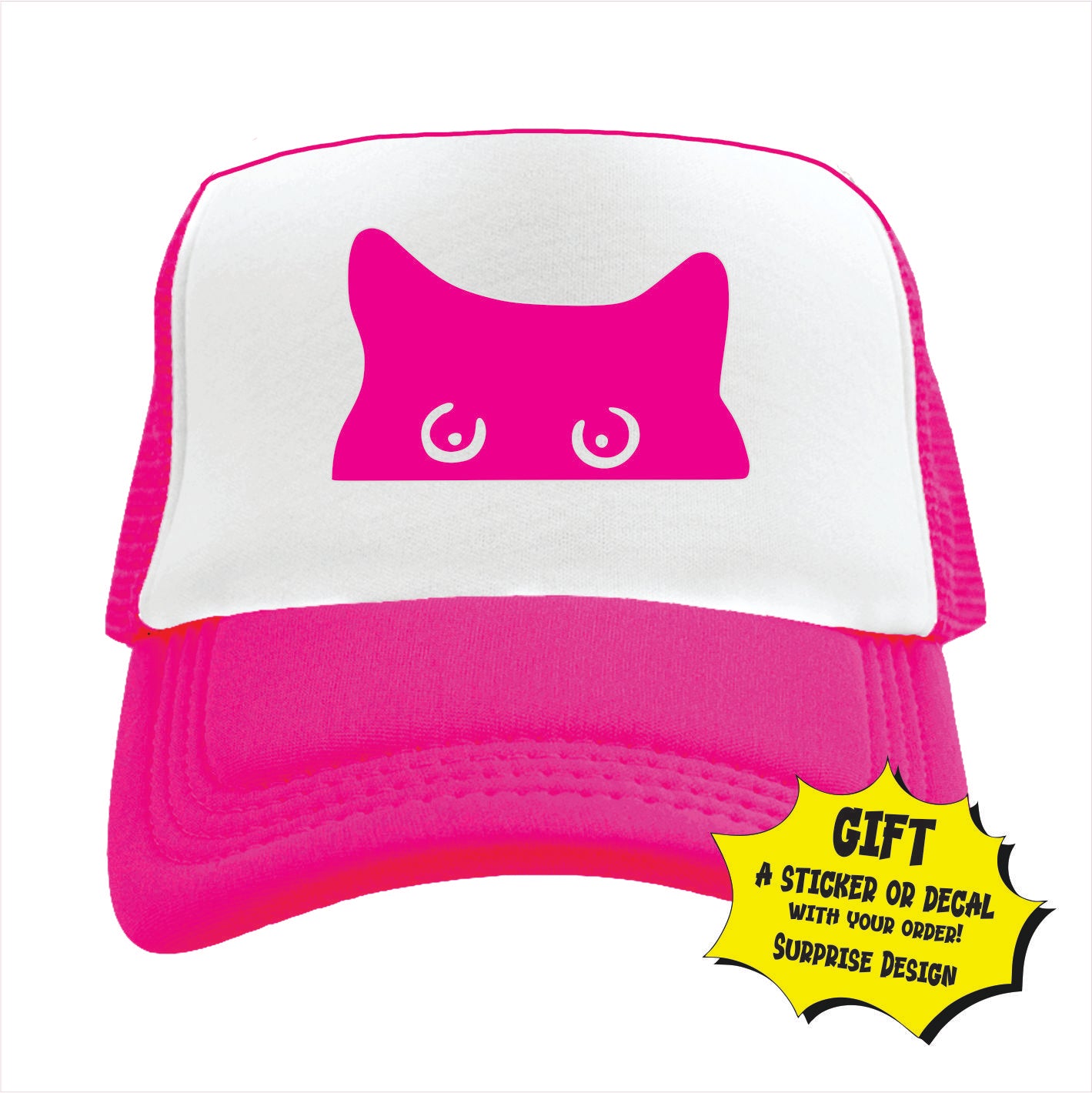 Pink and white trucker hat cap with a design of a cat's face on the front.