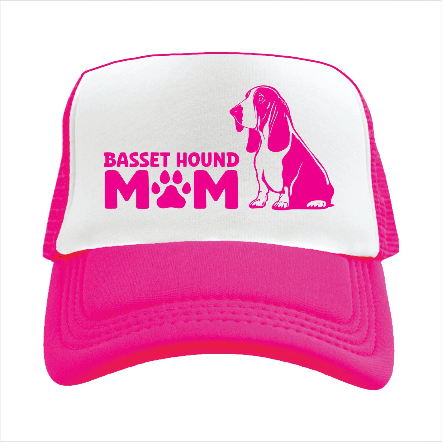 Pink and white trucker hat cap with 'Basset Hound Mom' text and dog silhouette on a white background