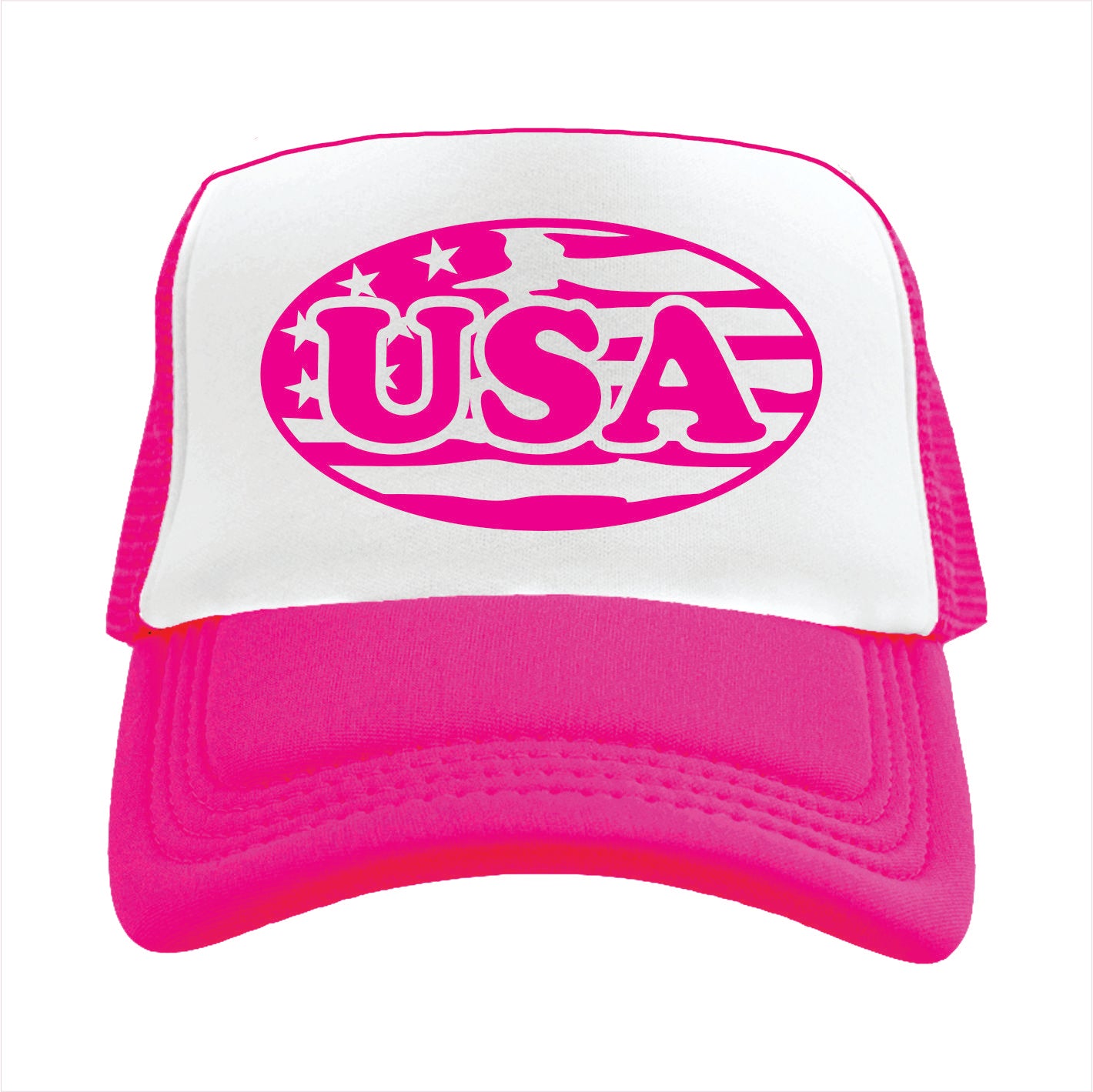 Pink and white trucker hat  'USA' design on a white background