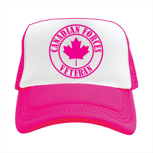 Pink and white trucker hat cap with 'Canadian Forces Veteran' text and maple leaf design on a white background