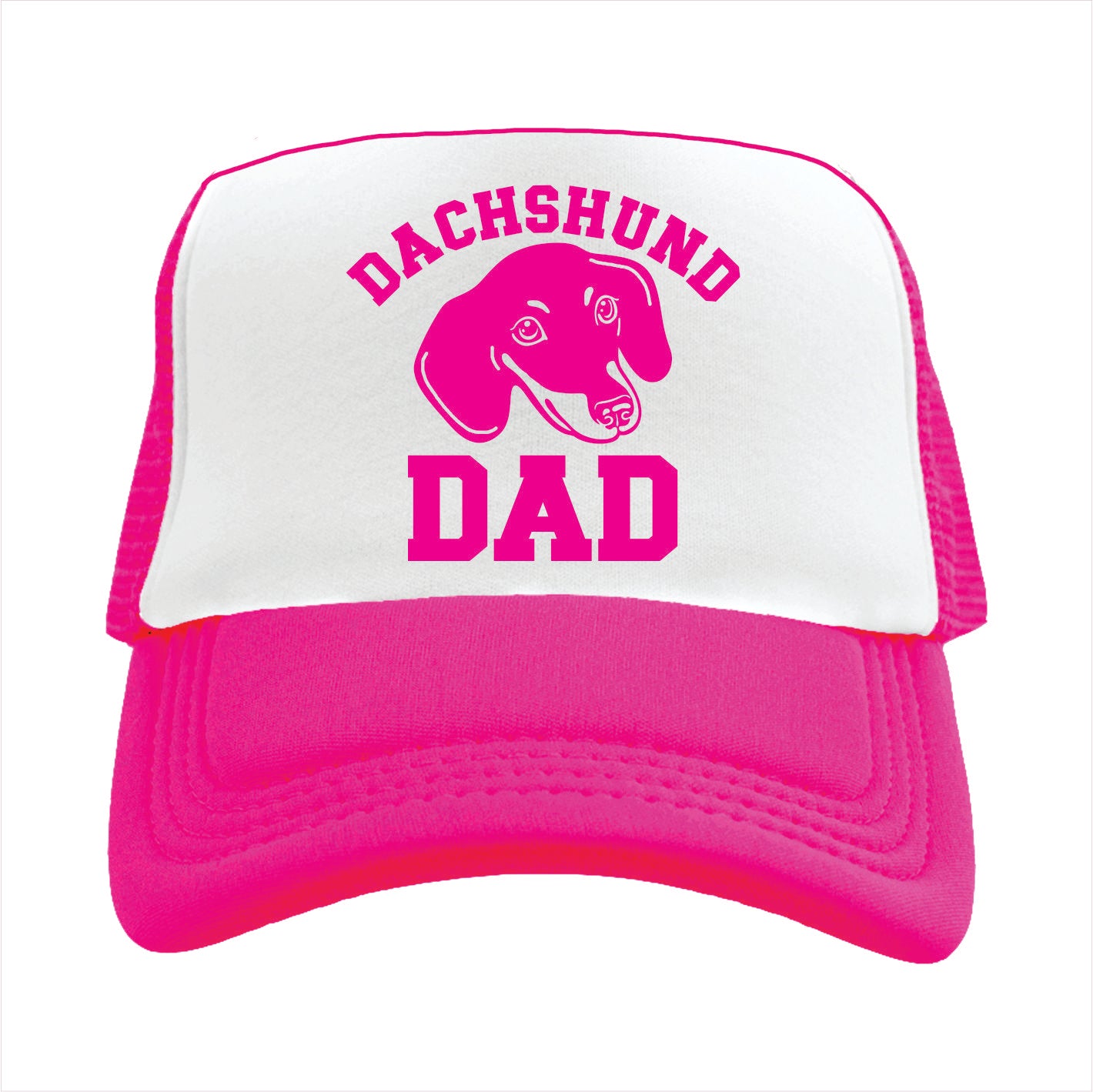 Pink and white cap with 'Dachshund Dad' text and dachshund graphic on a white background