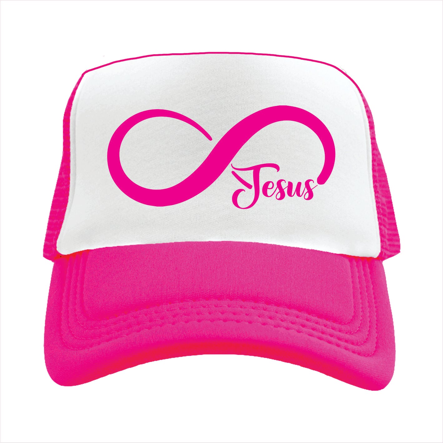 Pink and white trucker hat cap with infinity symbol and 'Jesus' text on a white background