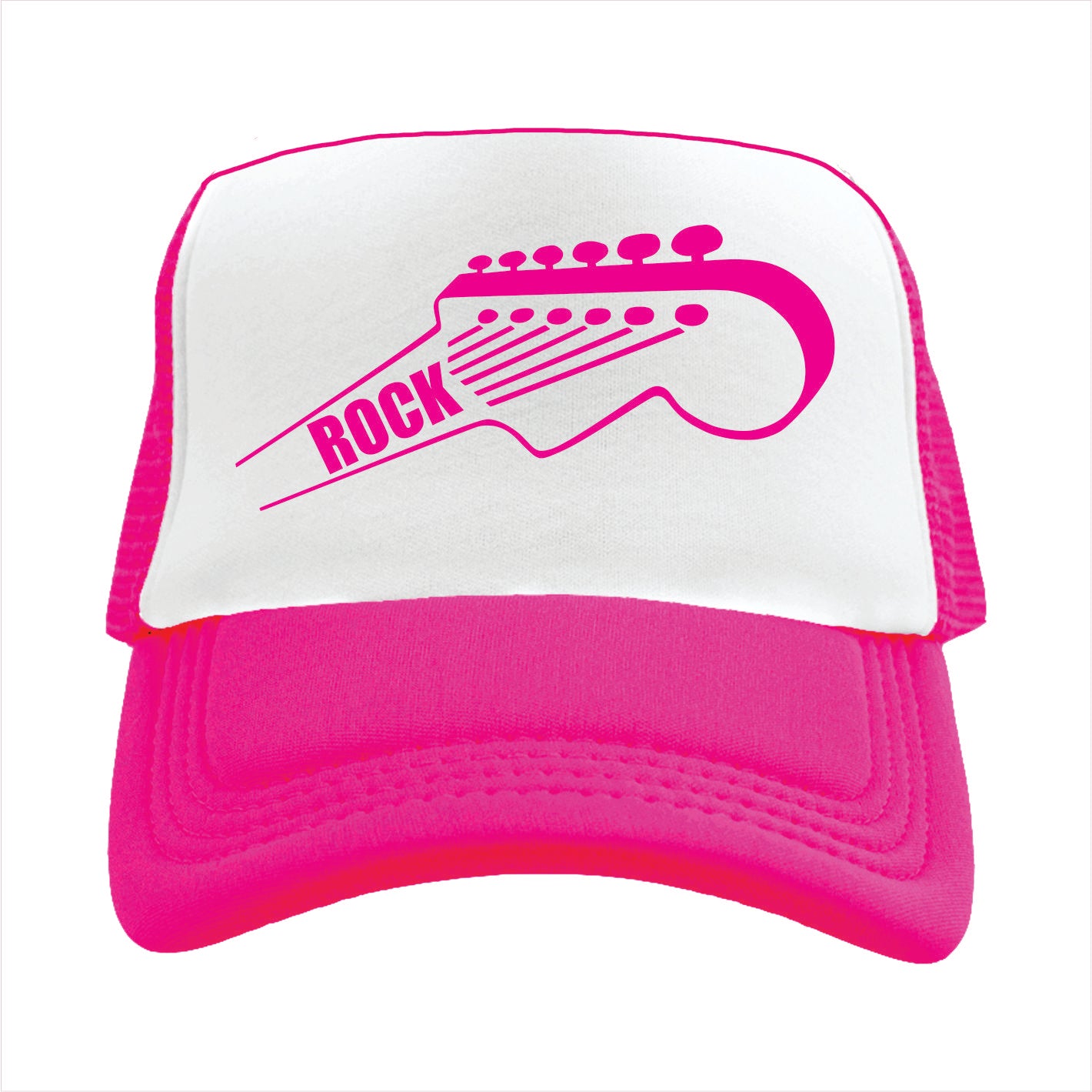 Pink and white trucker hat cap with guitar design and 'Rock' text on a white background