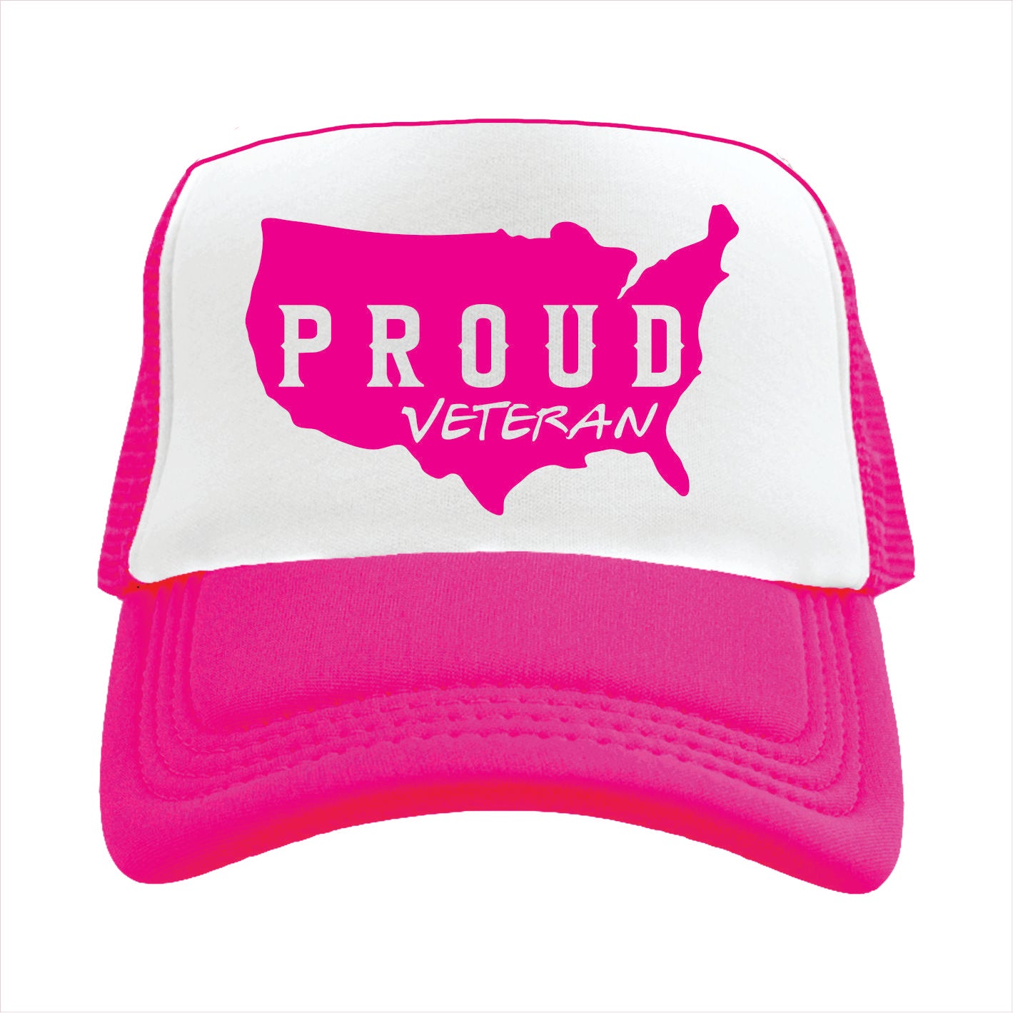 Pink and white trucker hat cap with 'PROUD Veteran' text and USA map design on a white background