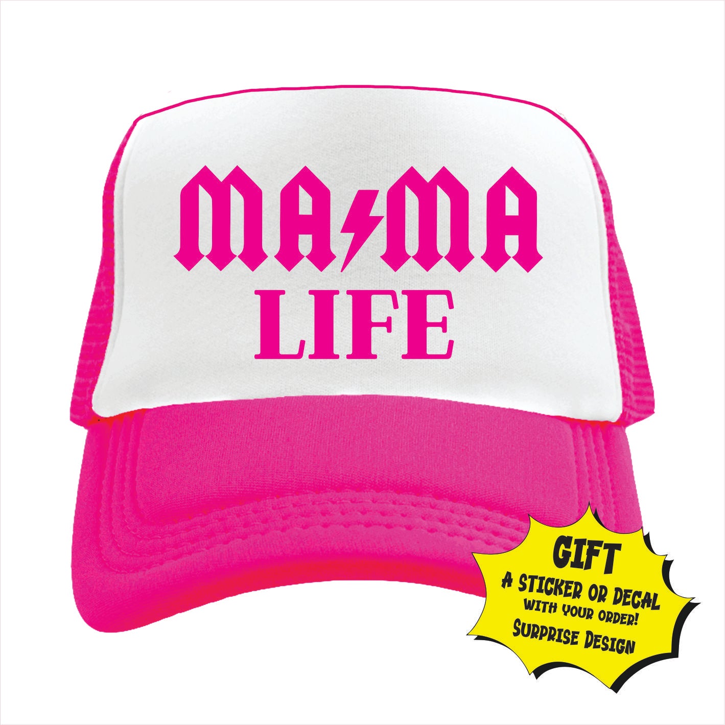 Pink and white trucker hat cap with 'MAMA LIFE' text in black, featuring a lightning bolt symbol.