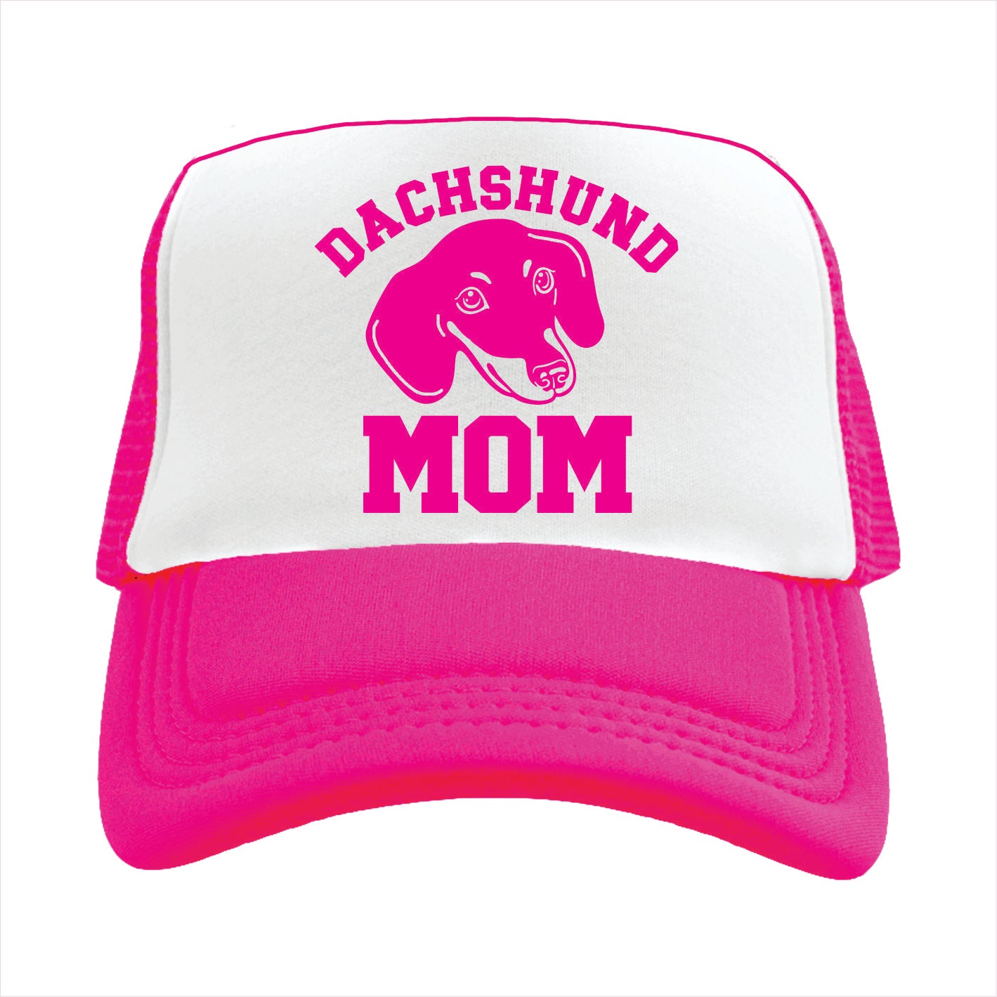 Pink and white trucker hat cap with 'Dachshund Mom' text and dachshund graphic on a white background