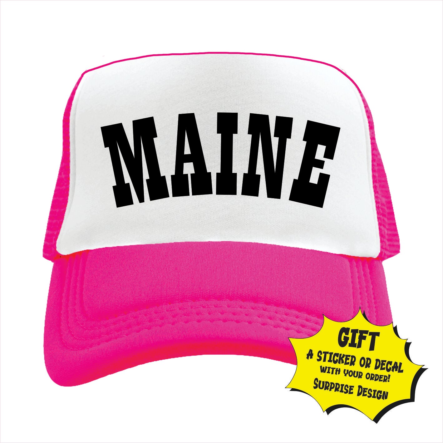 Pink trucker hat cap with 'MAINE' text in black on the front panel.