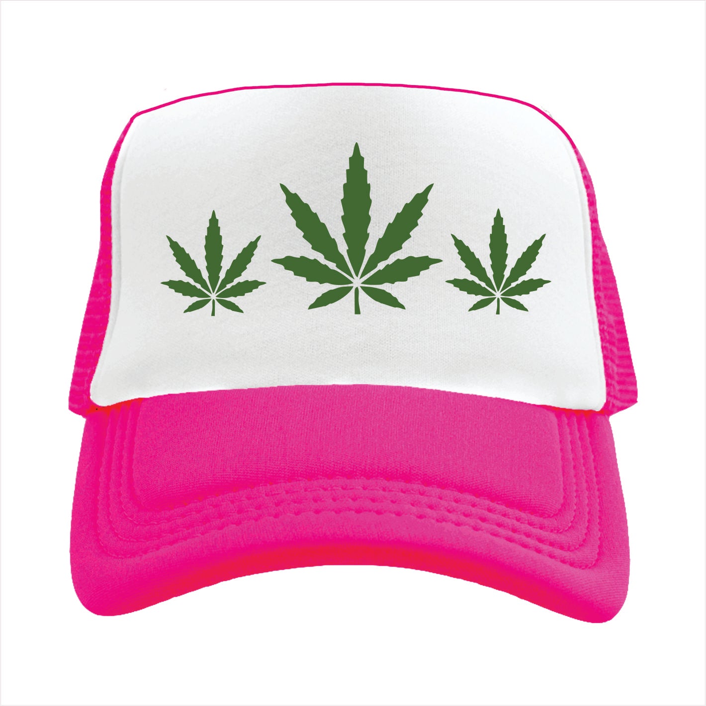 Pink and white trucker hat cap with green cannabis leaf designs on a white background