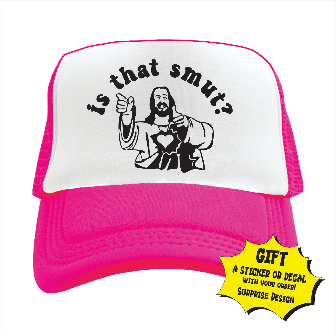 Pink and white trucker hat cap with text 'is that smut?'  on the front.