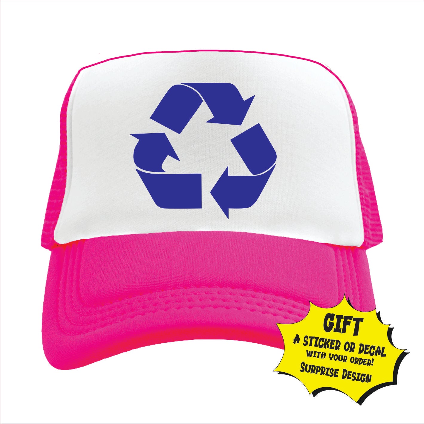 Pink and white trucker hat cap with a recycle symbol on the front.