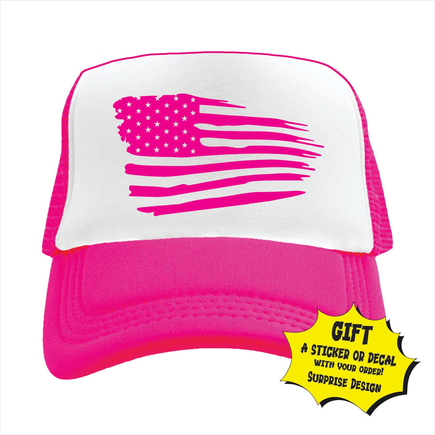 Pink and white trucker hat cap with usa flag printed on the front.