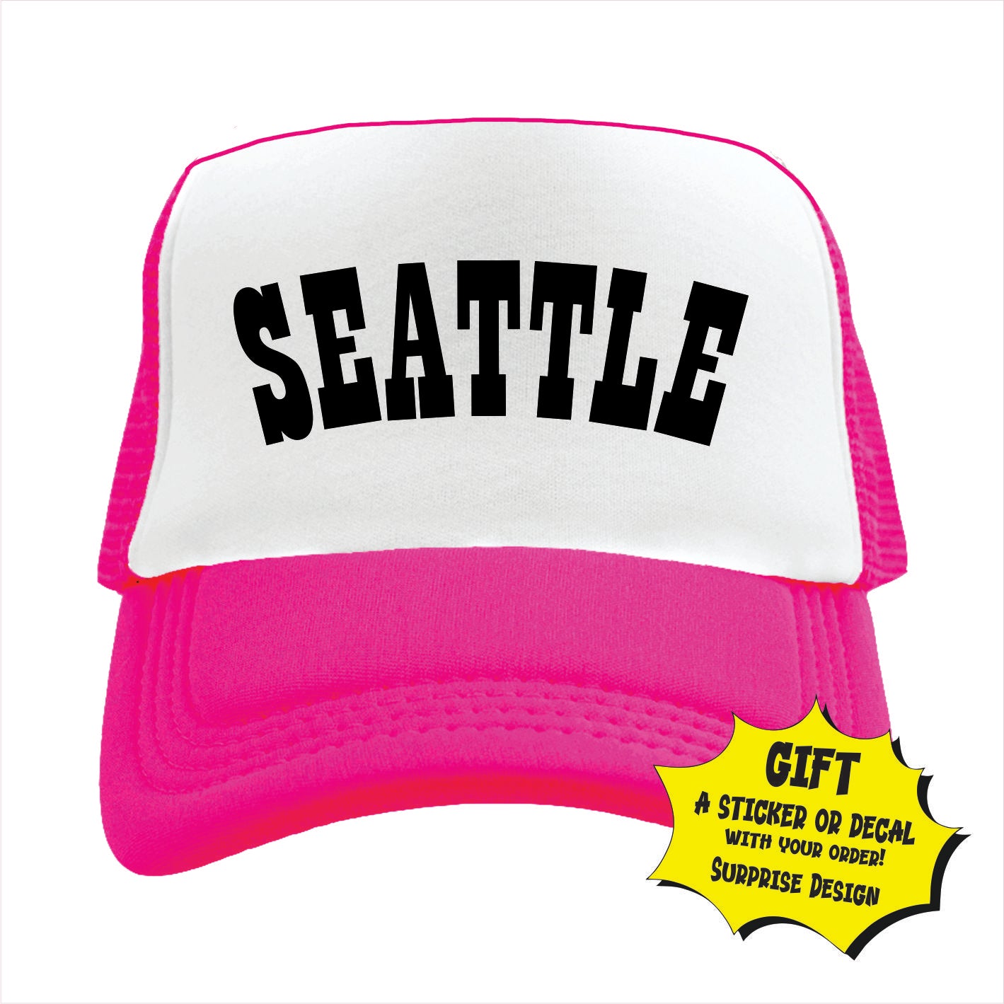 Pink and white trucker hat cap with 'SEATTLE' written in black bold letters on the front.