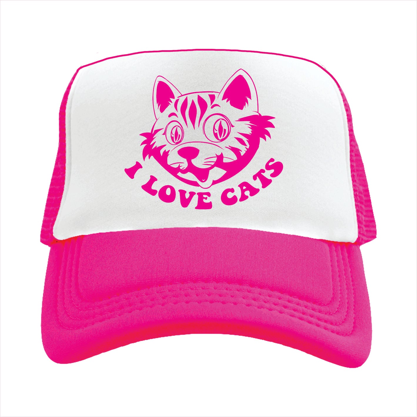 Pink and white trucker hat cap with a cat design and 'I Love Cats' text on a white background