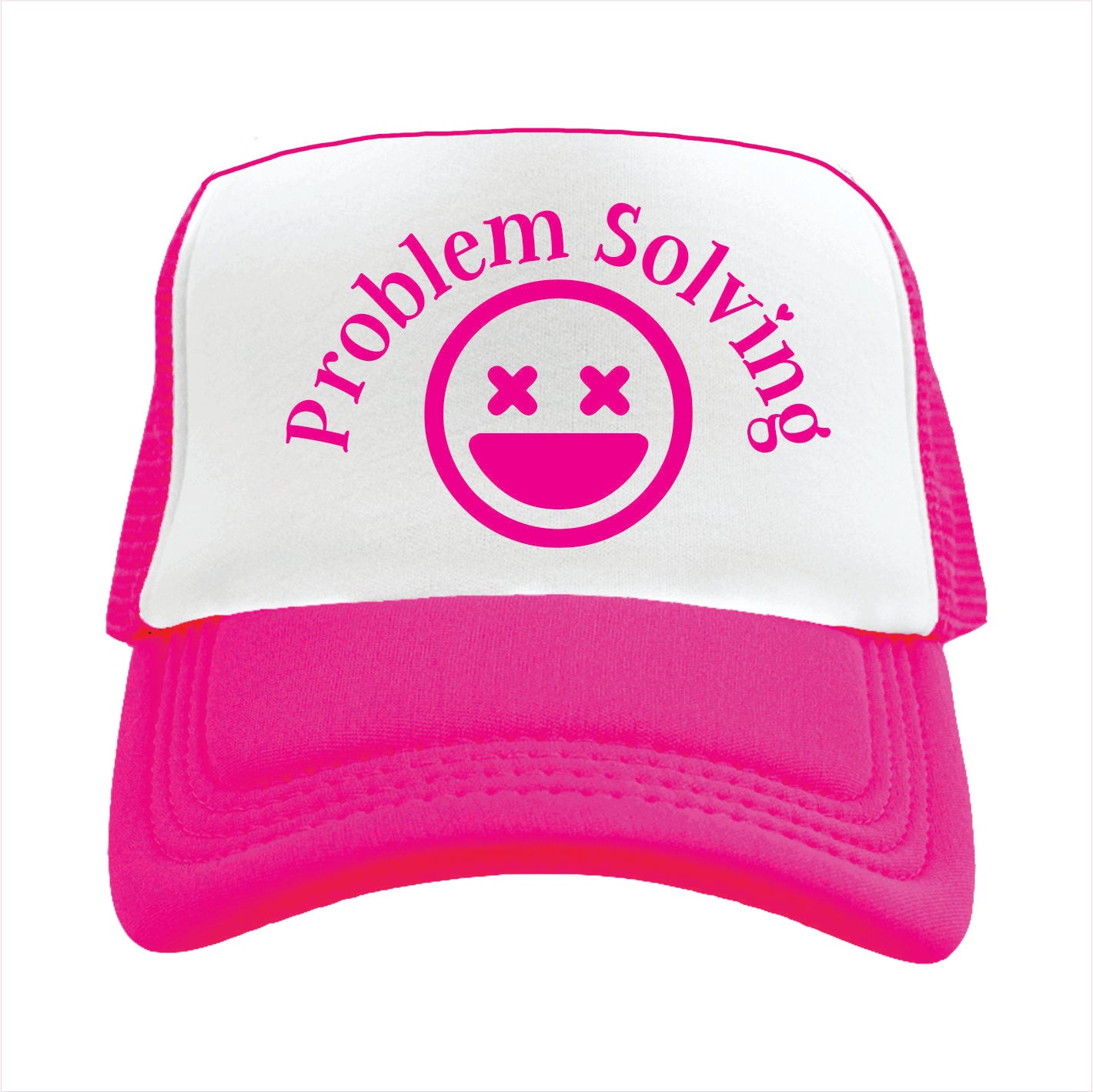 Pink and white trucker hat cap with 'Problem Solving' text and smiley face design on a white background
