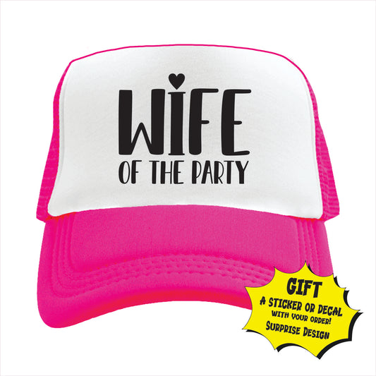 Pink and white trucker hat cap with 'Wife of the Party' text on a white background