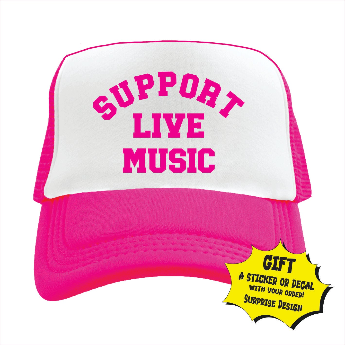 Pink and white trucker hat cap with 'SUPPORT LIVE MUSIC' text in pink.