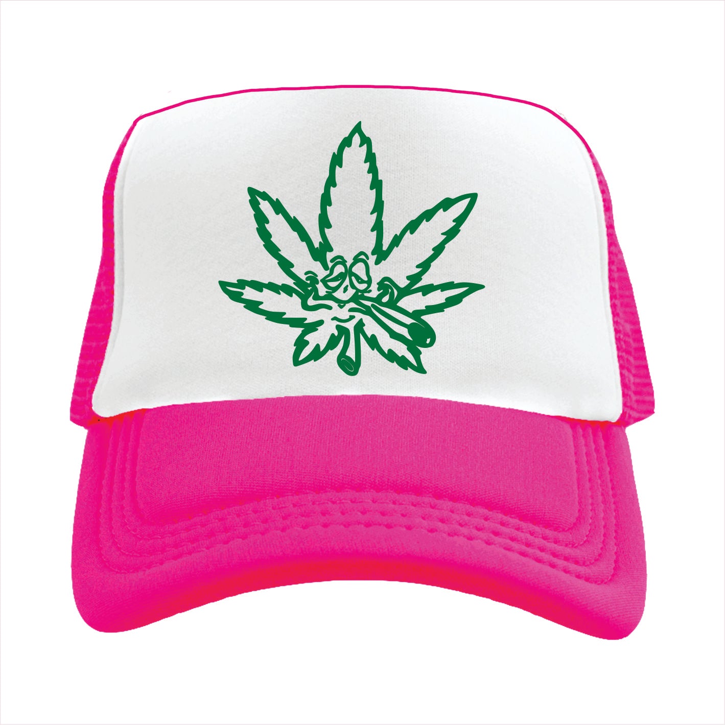 Pink and white trucker hat cap with green cannabis leaf design on a white background