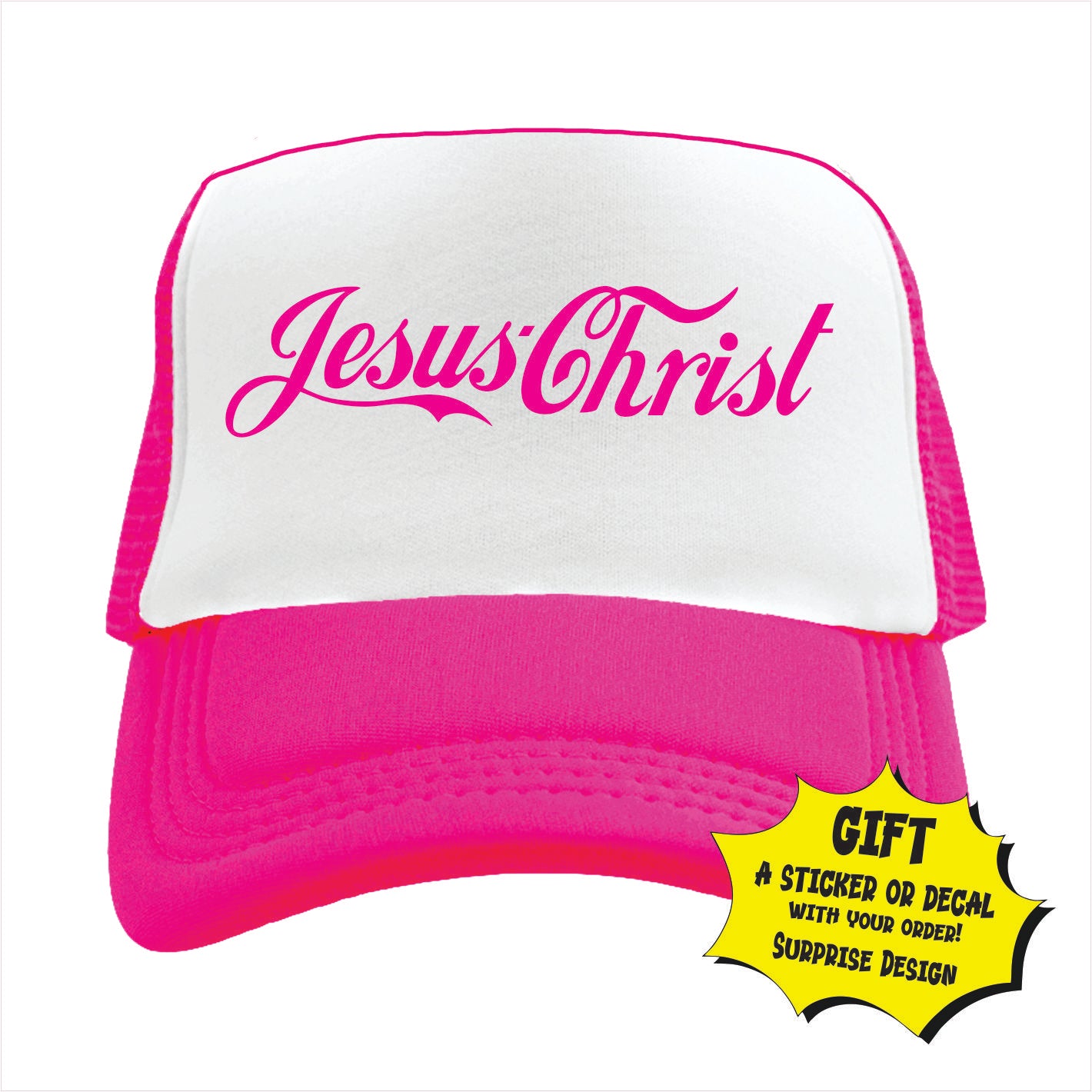 Pink and white trucker hat cap with 'Jesus Christ' text on the front
