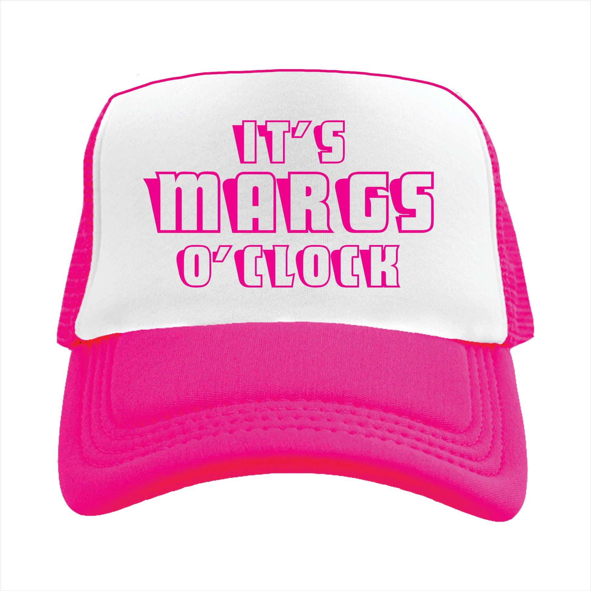 Pink and white trucker hat cap with the text 'IT'S MARGS O' CLOCK' in pink capital letters on the front.