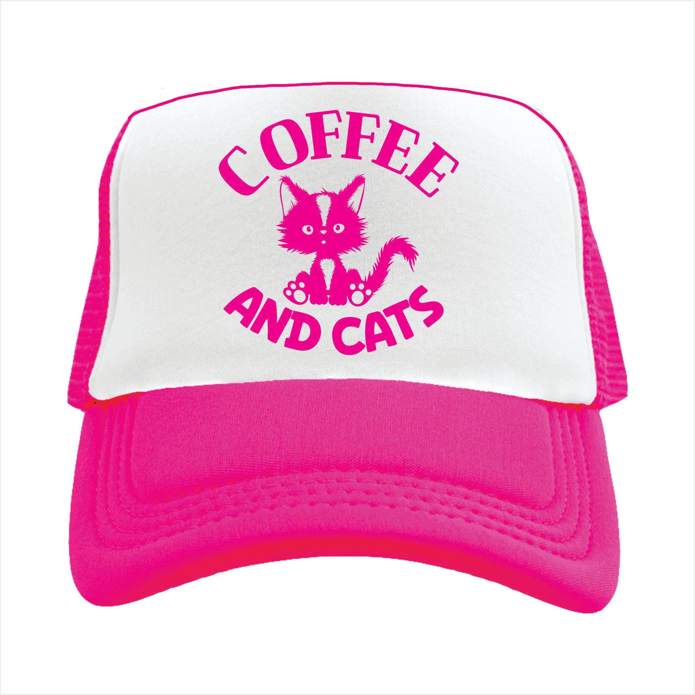 Pink and white trucker hat cap with 'Coffee and Cats' text and cat graphic on a white background